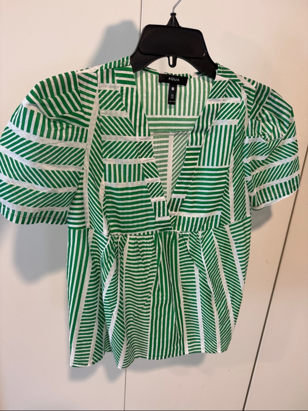 Aqua from Bloomingdale’s. Green & White Geometric Stripe Puff-Sleeve Top